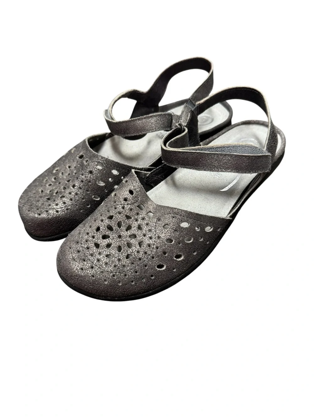 Naot Arataki Perforated Leather Slingback Mary Jane Flats Shoes Metallic Gray 7